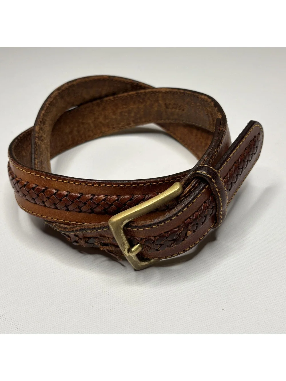 Vintage Brown Woven Leather Braided Brass Buckle Belt